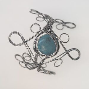 Elegant Silver Wire Arm Or Wrist Bracelet with Blue Agate Stone Hand Crafted